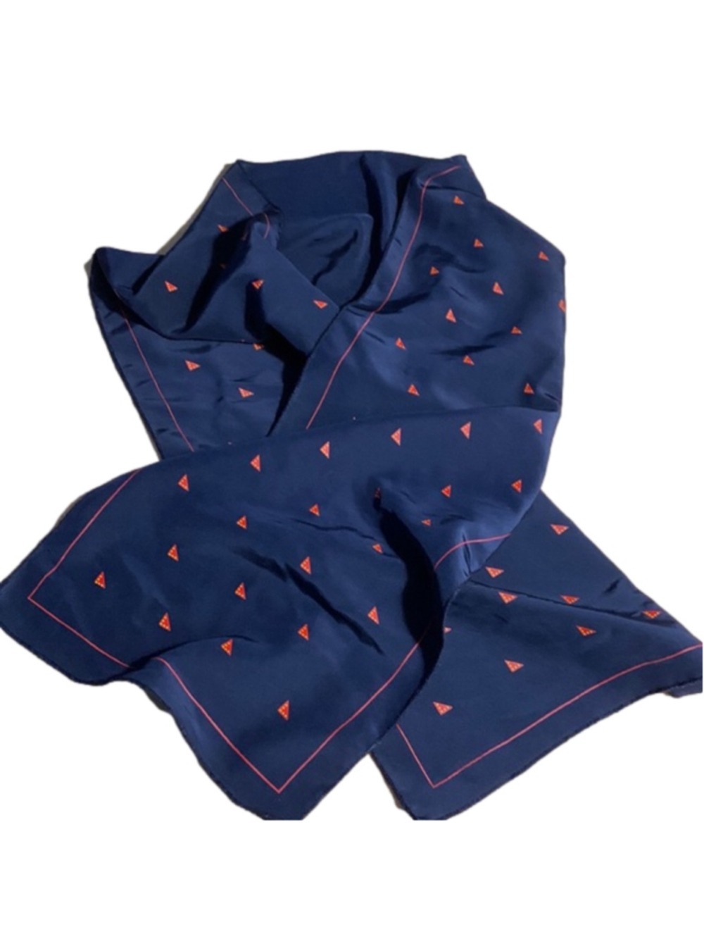 Silky navy blue scarf with red triangles with yellow dots